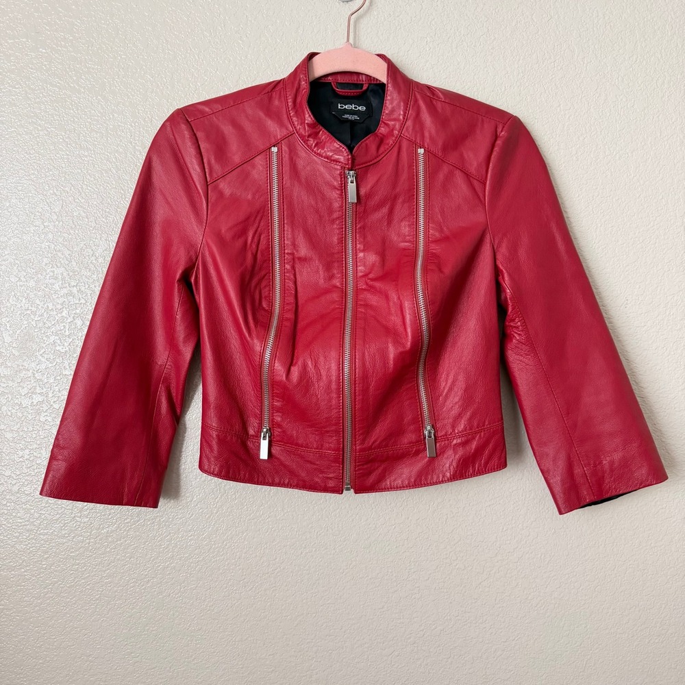 Bebe Leather Jacket Womens Red XS Cropped Moto Biker 3/4 Sleeve Scooter Y2K - Picture 3 of 11